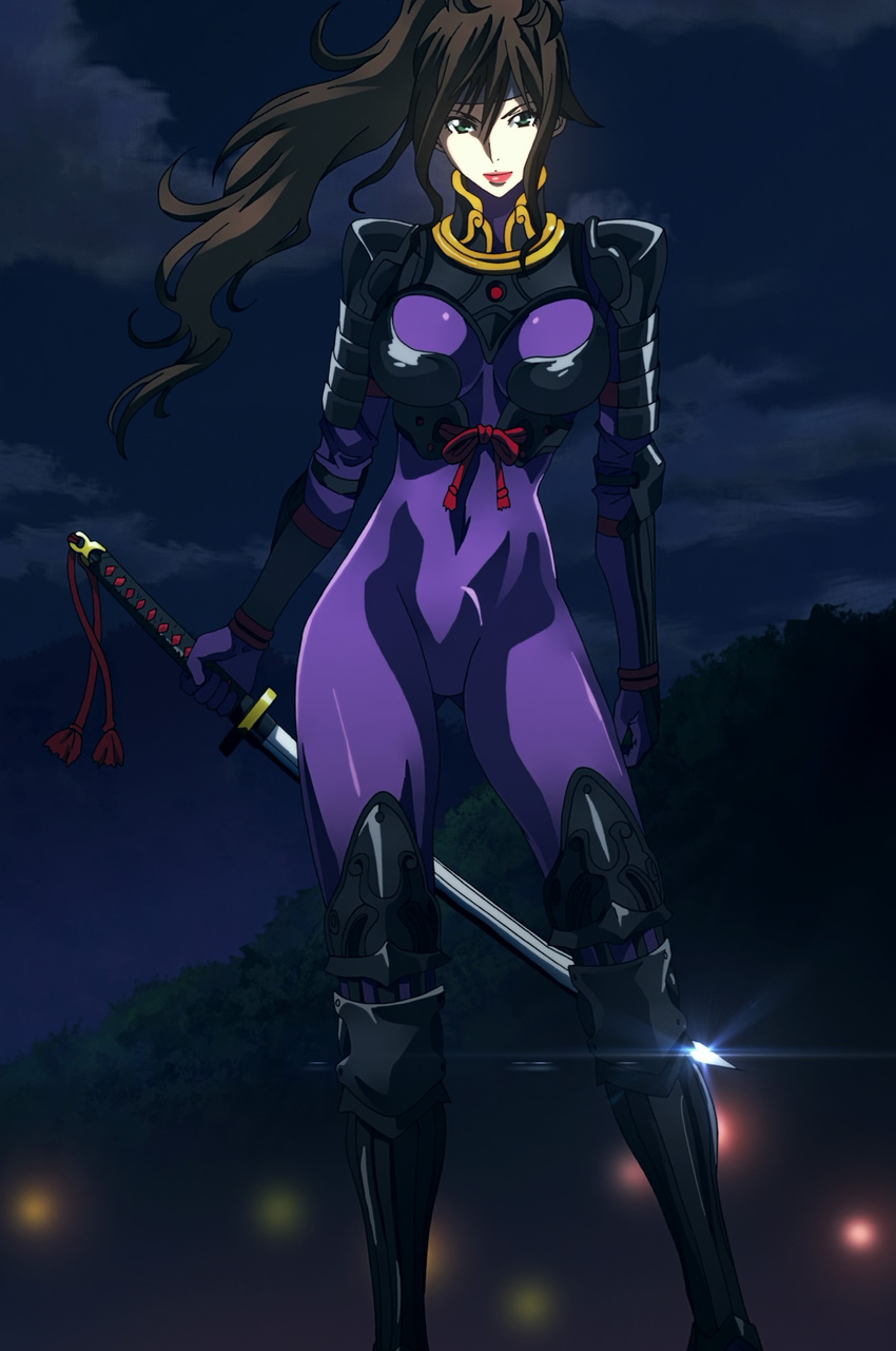 breasts brown_hair female fuuun_ishin_dai_shogun green_eyes hattori_kiriko highres long_hair night smile solo standing stitched sword weapon