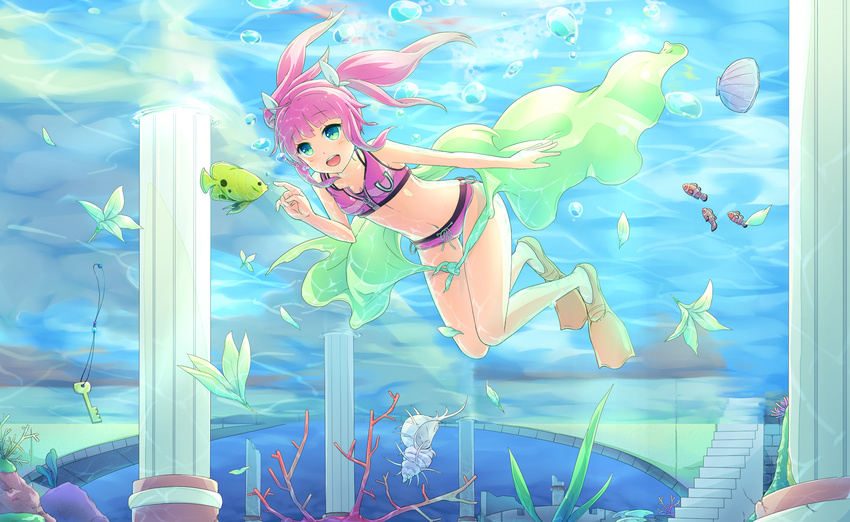 air_bubble bad_id bad_pixiv_id bikini bubble coral diving female fish flippers freediving green_sarong highres jewelry key navel necklace open_mouth pillar pink_hair ruins sakakidani sarong see-through solo swimming swimsuit umi_monogatari underwater urin_(umi_monogatari) water