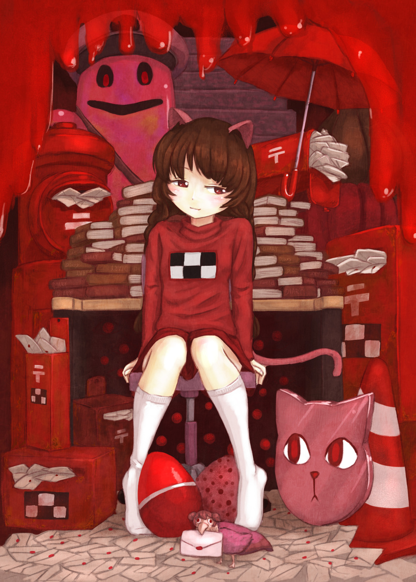 absurdres animal_ears animalization beak blush book book_stack braid brown_hair cat_ears cat_tail chair commentary_request egg envelope female full_body highres japanese_cylindrical_postbox japanese_postal_mark jitome kneehighs knees_together_feet_apart kyukkyu-kun light_smile long_hair long_sleeves looking_away low_twintails madotsuki mailbox_(incoming_mail) nekoin office_chair photoshop_(medium) pile_of_books postbox_(outgoing_mail) red_eyes red_theme ringoanu sitting skirt socks solo_focus surreal swivel_chair table tail too_many too_many_books toriningen traffic_cone turtleneck twin_braids twintails umbrella white_legwear yume_nikki