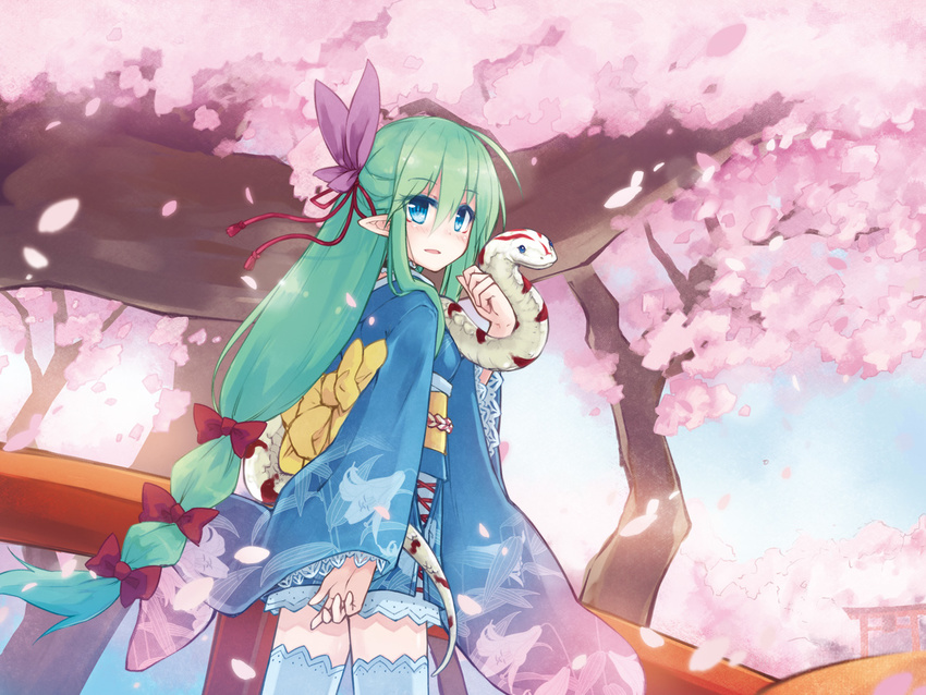 animal blue_eyes bow braids elf green_hair japanese_clothes kimono long_hair original petals thighhighs tree yukitaro