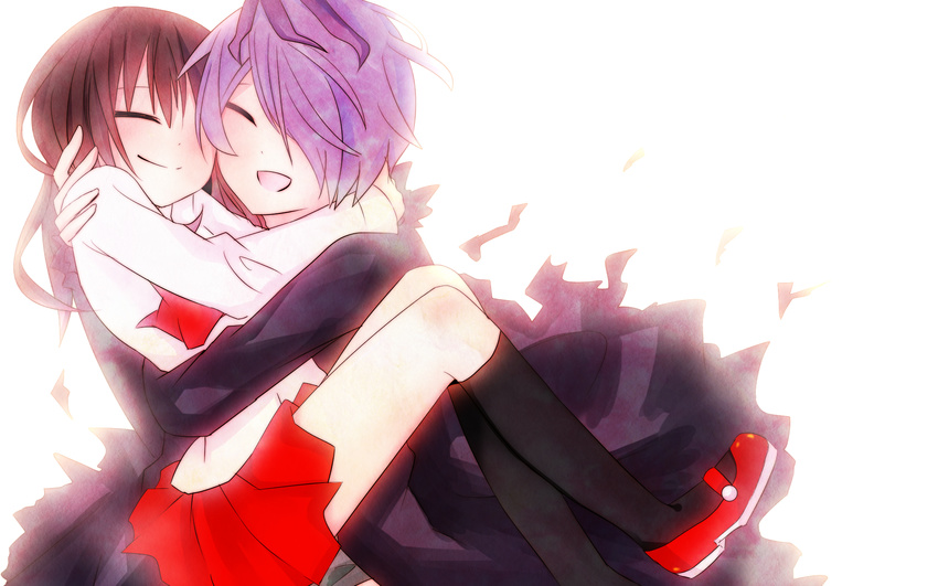 brown_hair eve_(ib) gary_(ib) hug ib long_hair purple_hair short_hair skirt socks white