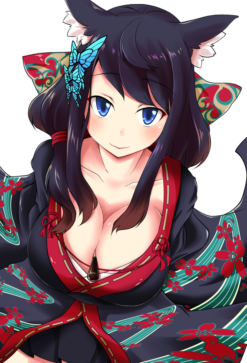 absurdres animal_ears azur_lane between_breasts black_hair blue_eyes blush breasts butterfly_hair_ornament cat_ears cleavage closed_mouth collarbone commentary_request female food fusou_(azur_lane) hair_ornament highres large_breasts lolitan long_hair looking_at_viewer md5_mismatch pocky pocky_day resolution_mismatch sitting smile solo source_smaller