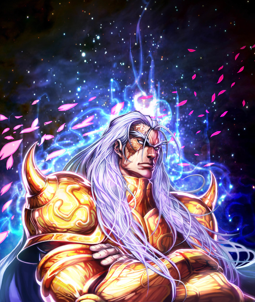 1boy absurdres armor blue_eyes commentary_request crossed_arms facial_mark gold_armor gold_saint heewon_lee highres light_purple_hair long_hair male_focus no_headwear petals photoshop_(medium) saint_seiya solo spikes taurus_aldebaran