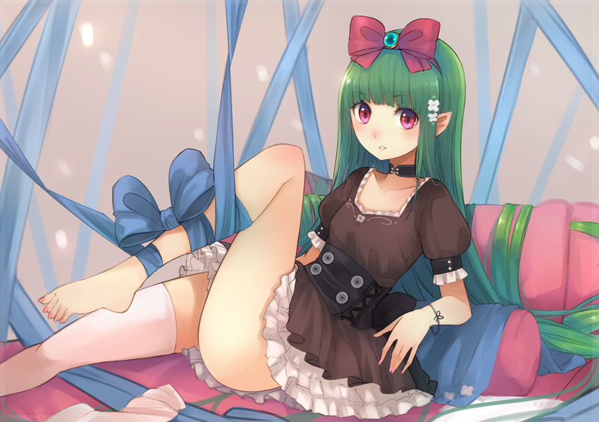 :d absurdly_long_hair bad_id bad_pixiv_id barefoot blue_bow blue_ribbon blunt_bangs blush bow bracelet brown_dress buttons choker collarbone dress feet female flat_chest flower frilled_dress frills gem green_hair hair_flower hair_ornament hairbow jewelry leaning_back light_smile long_hair looking_at_viewer nail_polish open_mouth original parted_lips pillow pink_nails pointy_ears puffy_short_sleeves puffy_sleeves red_bow red_eyes ribbon sash short_sleeves sitting smile solo toenail_polish toenails umasanjin unworn_thighhighs very_long_hair white_legwear