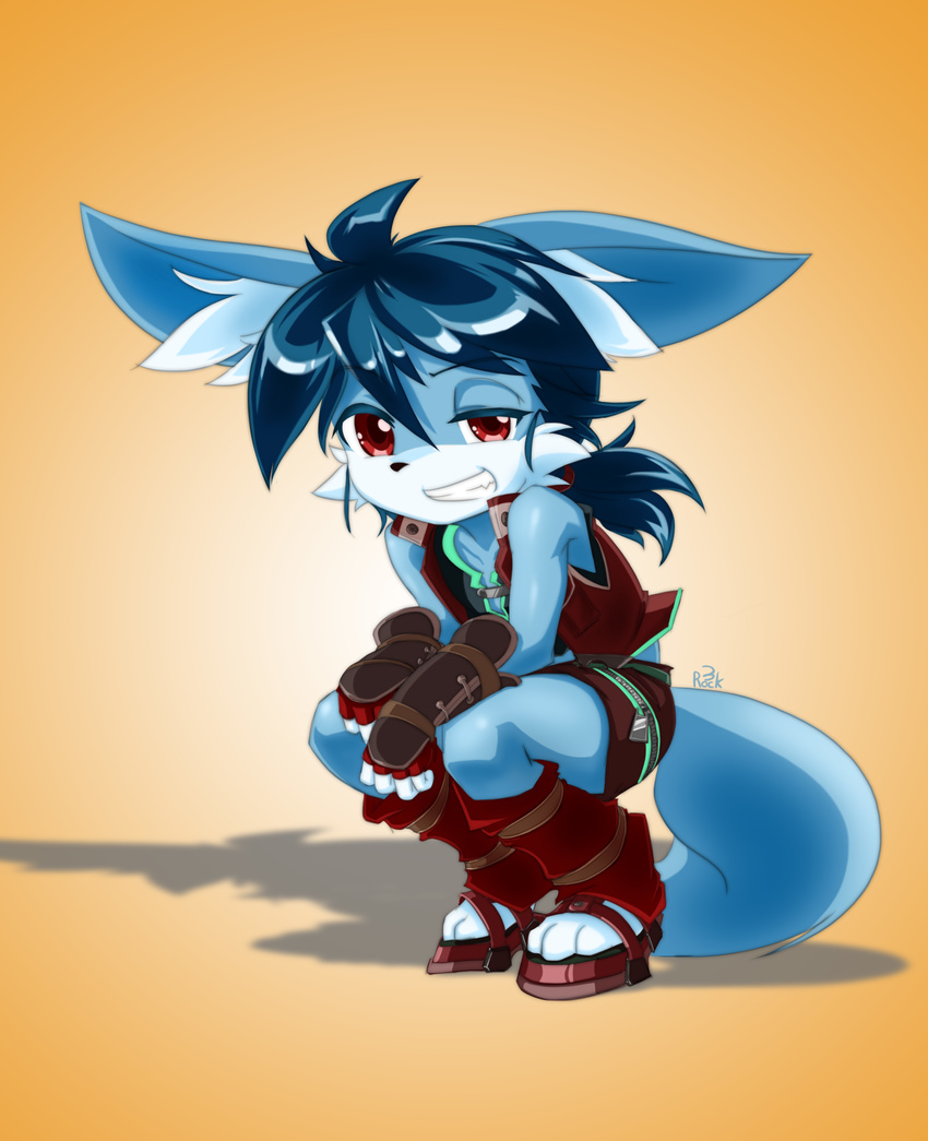 absurd_res anrock3 anthro blue_body blue_fur blue_hair canid canine clothed clothing fox fur hair hi_res male mammal neil_(anrock3) red_eyes solo