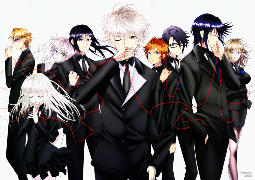 3girls 6+boys absurdres awashima_seri black_hair blonde_hair blue_eyes business_suit closed_eyes formal fushimi_saruhiko glasses grey_hair heterochromia highres k-project kusanagi_izumo kushina_anna looking_at_viewer multiple_boys multiple_girls munakata_reishi neko_(k-project) one_eye_closed orange_hair photoshop_(medium) purple_eyes red_eyes simple_background suit sunglasses white_hair yata_misaki yatogami_kurou