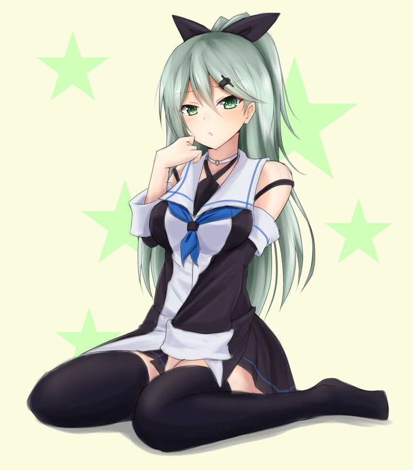 alternate_costume alternate_hairstyle aqua_eyes aqua_hair between_legs black_dress black_ribbon black_skirt black_thighhighs blue_neckwear breasts commentary_request cosplay denpa_(denpae29) detached_sleeves dress female hair_ornament hair_ribbon hairclip hand_between_legs highres kantai_collection long_hair looking_at_viewer medium_breasts miniskirt open_mouth pleated_skirt ponytail ribbon sitting skirt solo star_(symbol) starry_background suzuya_(kancolle) thighhighs wariza wide_sleeves yamakaze_(kancolle) yamakaze_(kancolle)_(cosplay)