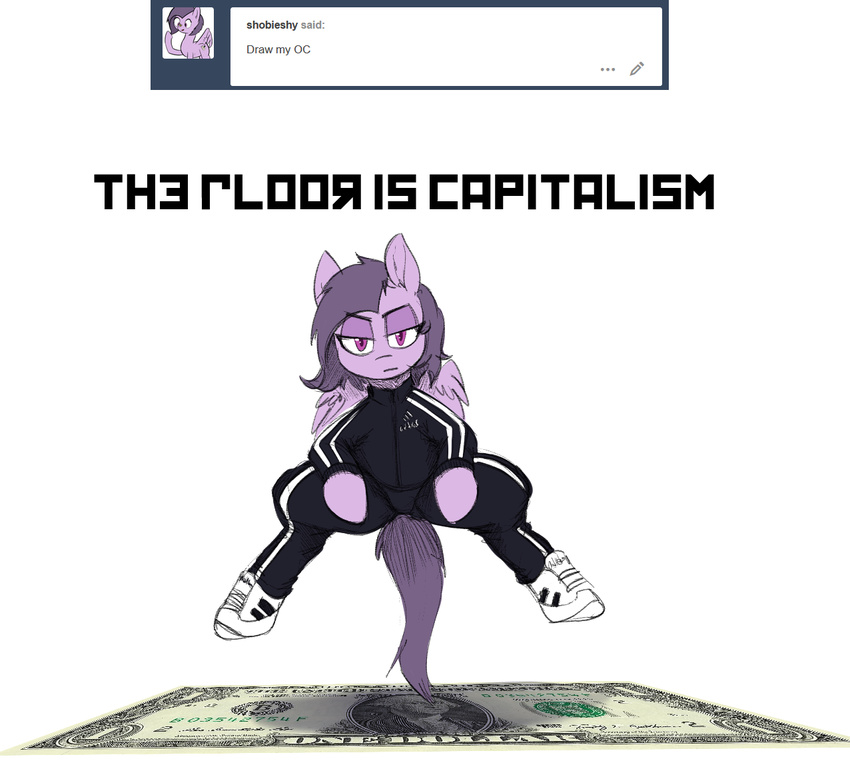 2017 ask_blog banknote capitalism caption cheeki_breeki clothing crouching english_text equid equine fan_character female hasbro humor looking_at_viewer mammal message money my_little_pony mythological_creature mythological_equine mythology pegasus purple_eyes replica_(artist) russian slav slav_squat slavic_squat solo text tracksuit tumblr user_avatar user_message username wings