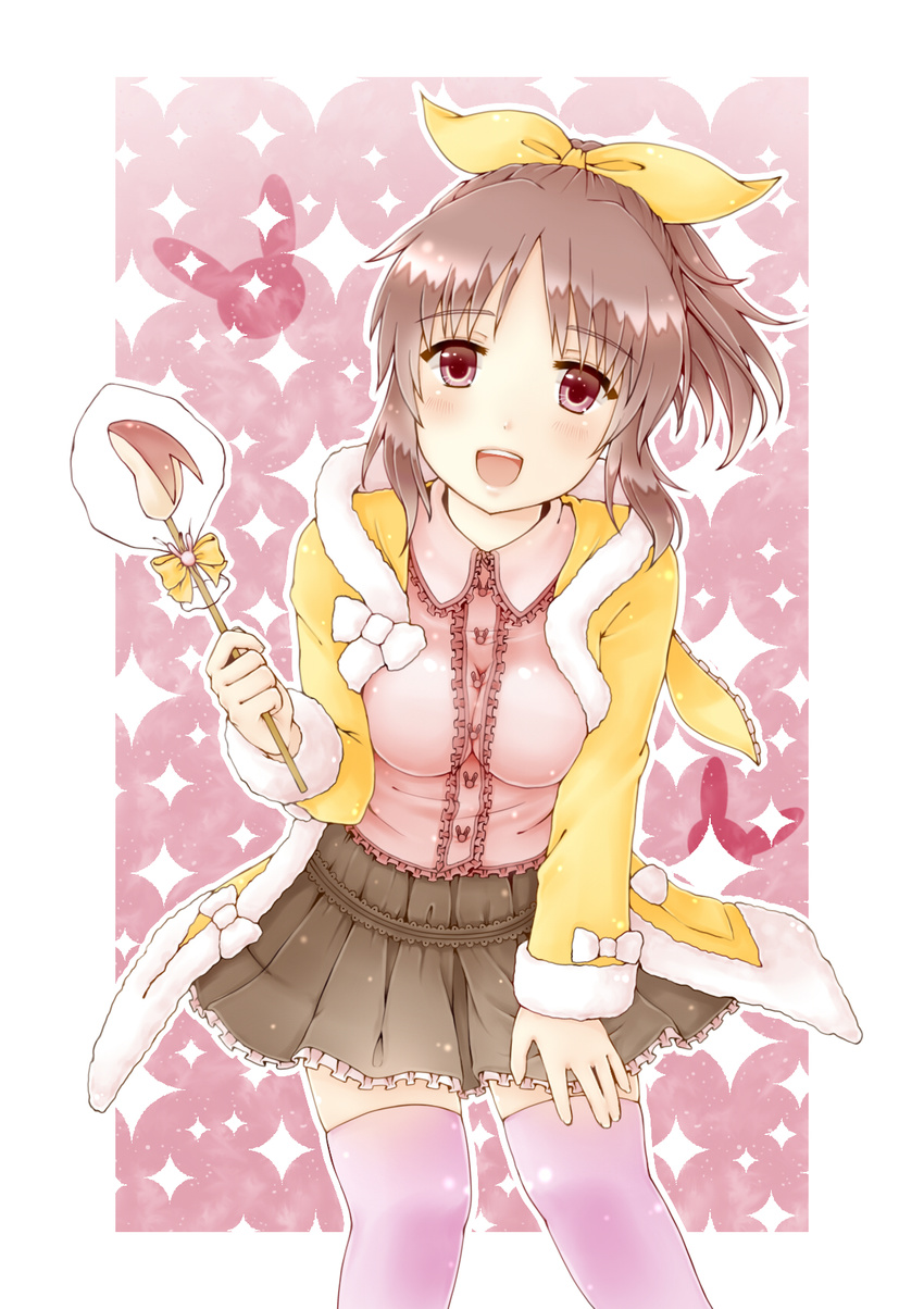 abe_nana apple_rabbit bad_id bad_pixiv_id brown_eyes brown_hair coat female food food_art hair_ornament hair_ribbon highres hood hoodie idolmaster idolmaster_cinderella_girls miniskirt mizuki_miyu ponytail ribbon skirt solo thighhighs