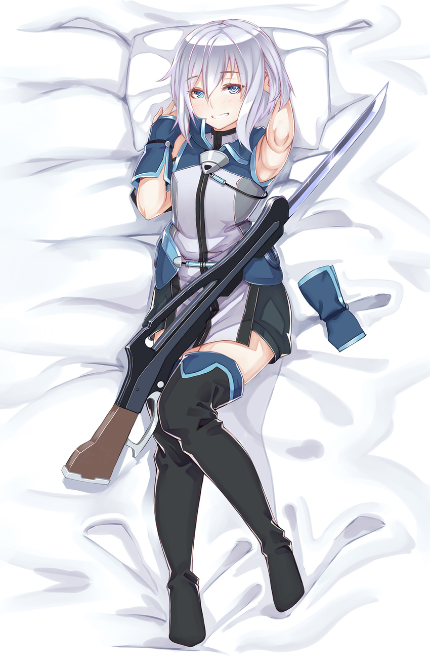 1boy black_thighhighs blue_eyes commentary_request dakimakura_(medium) ernesti_echevalier esg_(essagna) fingerless_gloves full_body gloves grey_hair highres knight's_&_magic lying male_focus on_back otoko_no_ko photoshop_(medium) short_hair smile solo thighhighs weapon