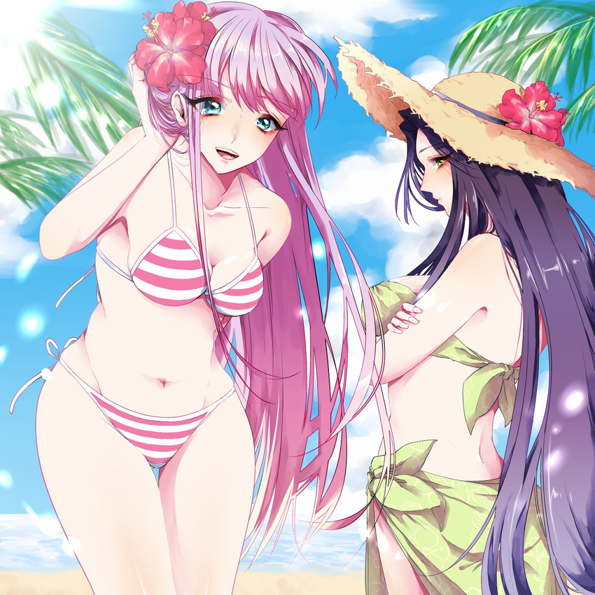 2girls aqua_eyes beach bikini black_hair breasts commentary_request cowboy_shot crossed_arms day flower from_side fujikonbu green_eyes hair_flower hair_ornament hat hibiscus highres kido_saori long_hair medium_breasts multiple_girls ocean outdoors pandora_(saint_seiya) profile purple_hair saint_seiya straw_hat striped_bikini striped_clothes swimsuit thigh_gap