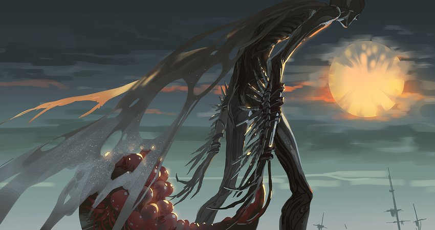 bloodborne claws cloud cloudy_sky commentary_request from_side light_particles monster moon no_humans orphan_of_kos outdoors photoshop_(medium) placenta seeker sky solo spoilers standing wings