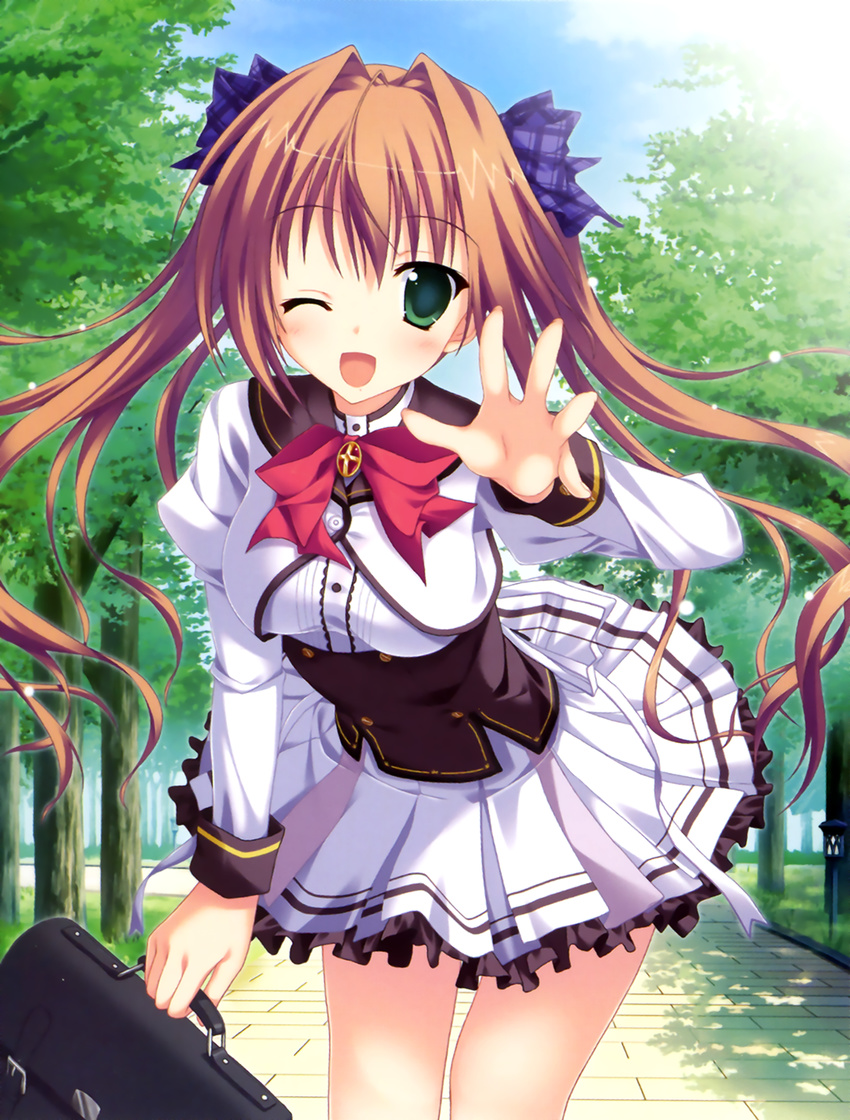 ;d bag briefcase brown_hair female frilled_skirt frills green_eyes hair_intakes hair_ribbon highres juliet_sleeves long_sleeves one_eye_closed open_mouth outdoors outstretched_hand plaid plaid_ribbon princess_evangile puffy_sleeves ribbon sagisawa_chiho school_bag school_briefcase school_uniform skirt smile solo tree yamakaze_ran