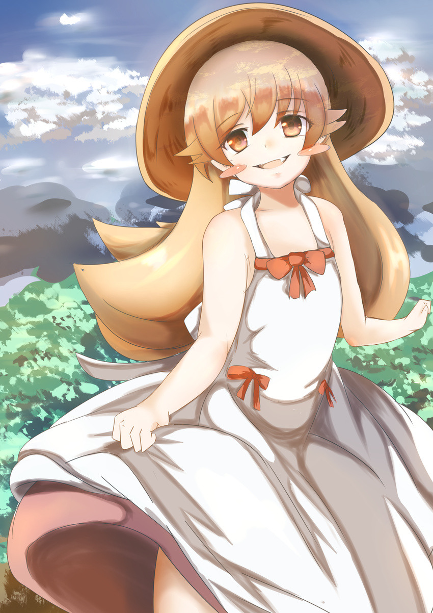 absurdres bahamun blonde_hair blush_stickers cloud commentary_request day dress female hat highres long_hair looking_at_viewer monogatari_(series) nisemonogatari oerba_yun_fang oshino_shinobu outdoors sky smile solo sun_hat yellow_eyes