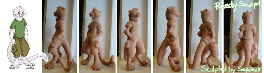 anthro arm_tuft barefoot biped bottomwear cargo_pants clothed clothing conditional_dnp digitigrade elbow_tuft empty_eyes feet figurine head_tuft hindpaw male mammal mustelid otter otterface pants paws pockets red_eyes reed_(sefeiren) rotation sculpture sefeiren solo statue tail tuft whiskers young young_anthro young_male