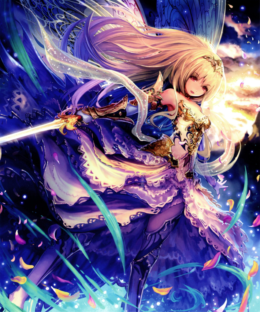 absurdres aria_(shingeki_no_bahamut) armor armored_dress bare_shoulders blonde_hair boots butterfly_wings choker dutch_angle elbow_gloves female gloves highres insect_wings long_hair multicolored_hair pantyhose petals photoshop_(medium) purple_eyes purple_hair scan shingeki_no_bahamut smile solo sword tachikawa_mushimaro thigh_boots thighhighs tiara two-tone_hair weapon white_legwear wings