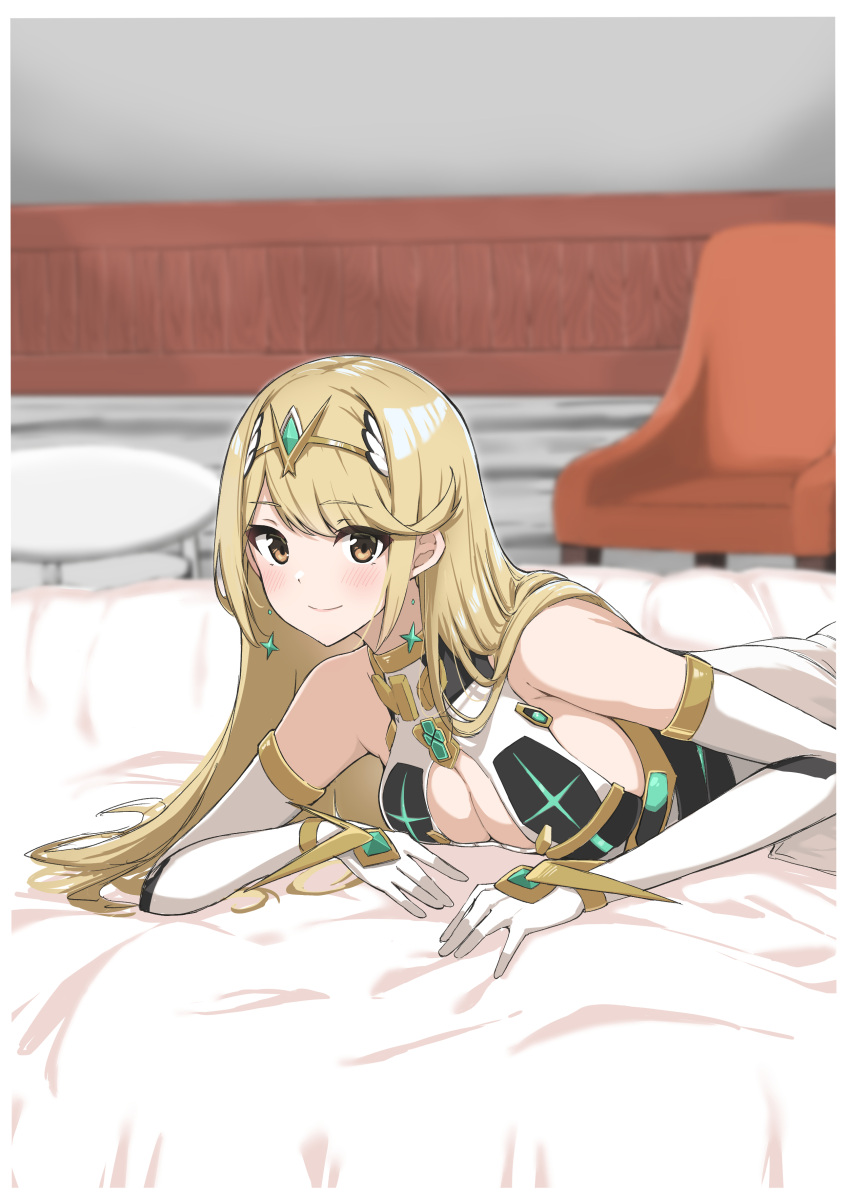 absurdres aotsuba bare_shoulders blonde_hair breasts chest_jewel cleavage cleavage_cutout clothing_cutout dress earrings elbow_gloves female gloves highres jewelry large_breasts long_hair mythra_(xenoblade) short_dress solo swept_bangs tiara upper_body very_long_hair white_dress white_gloves xenoblade_chronicles_(series) xenoblade_chronicles_2 yellow_eyes