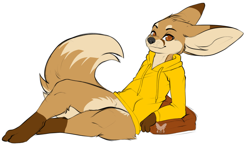 2020 anthro anthrofied arm_support bottomless brown_body brown_eyes brown_fur canid canine clothed clothing digital_media_(artwork) fennec_fox fox fur gloves_(marking) hi_res hoodie kuroodod leaning_on_elbow leg_markings looking_at_viewer male mammal markings sam_(changing_fates) simple_background smile socks_(marking) solo tail thegrapedemon thick_thighs topwear true_fox white_background