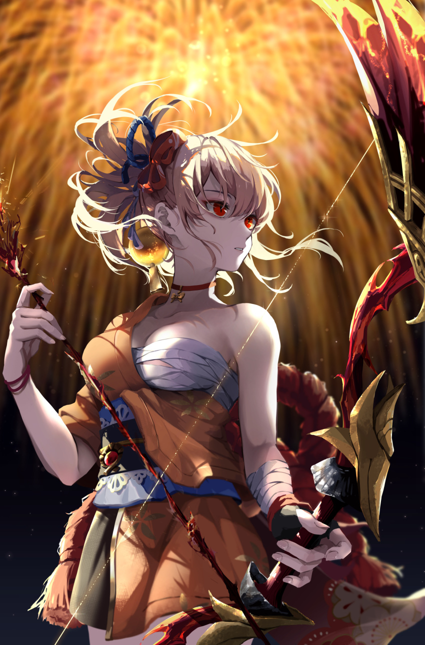 absurdres blonde_hair bow_(weapon) breasts butterfly_choker chest_sarashi female fingerless_gloves fireworks genshin_impact gloves hadanugi_dousa hair_bun hair_ornament highres holding holding_bow_(weapon) holding_weapon japanese_clothes kimono looking_to_the_side nezu_(se_aroe) night night_sky orange_kimono red_eyes rope sarashi shimenawa single_fingerless_glove sky small_breasts solo vision_(genshin_impact) weapon yoimiya_(genshin_impact)