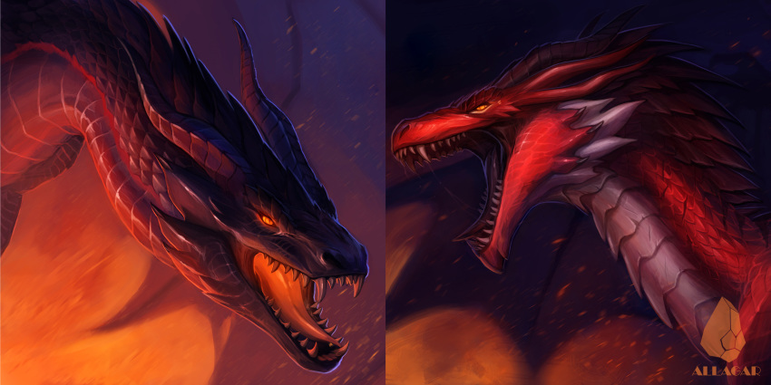 2019 absurd_res allagar digital_media_(artwork) dragon duo hi_res horn implied_fire mythological_creature mythological_scalie mythology open_mouth orange_eyes red_body red_scales scales scalie teeth tongue