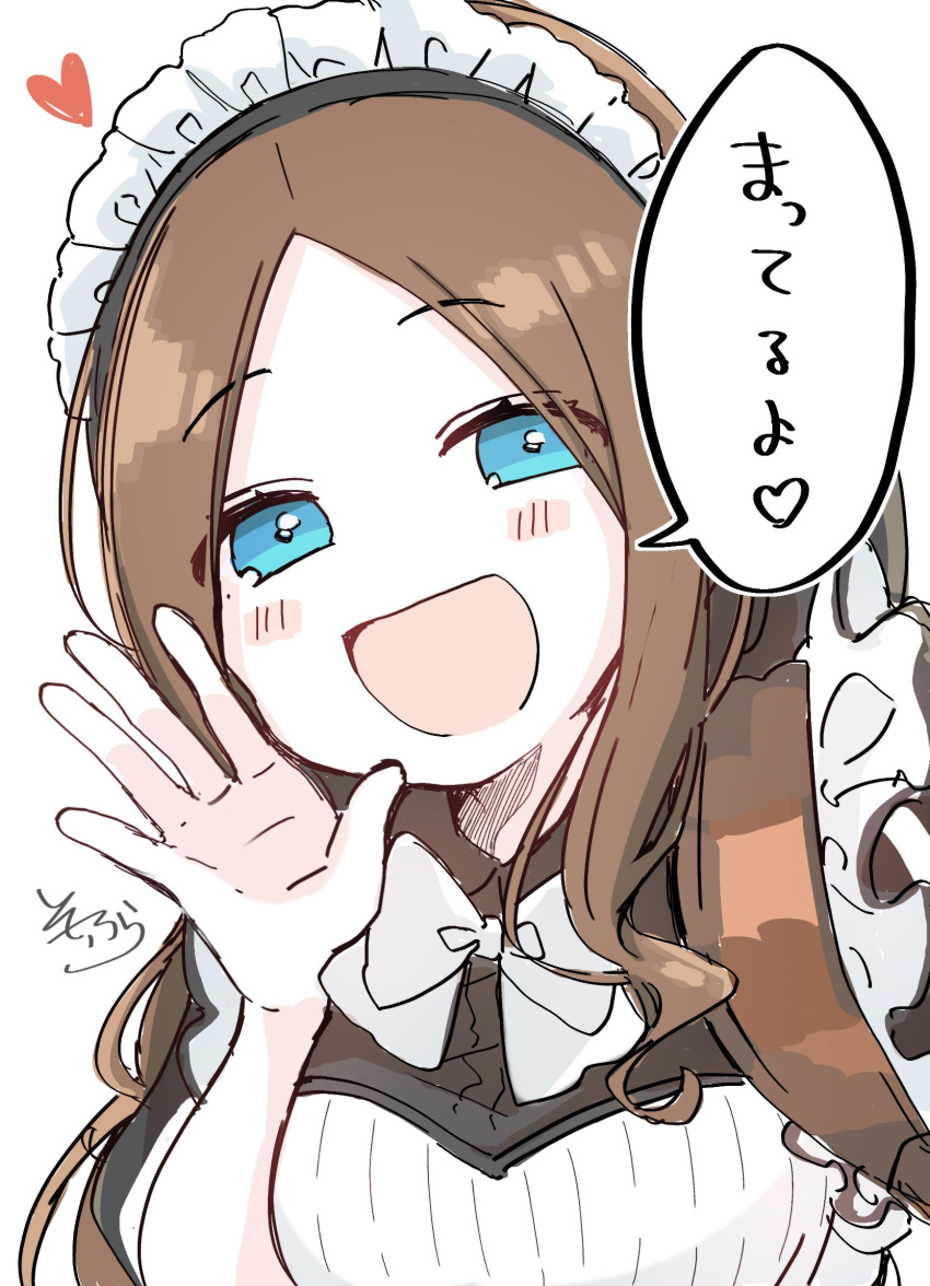 :d bad_id bad_pixiv_id black_dress blush_stickers bow breasts brown_hair commentary_request dress fate/grand_order fate_(series) female forehead hand_up heart highres leonardo_da_vinci_(fate) leonardo_da_vinci_(rider)_(fate) leonardo_da_vinci_(rider)_(second_ascension)_(fate) long_hair maid maid_headdress medium_breasts open_mouth parted_bangs puffy_short_sleeves puffy_sleeves short_sleeves simple_background smile sofra solo translated upper_body white_background white_bow