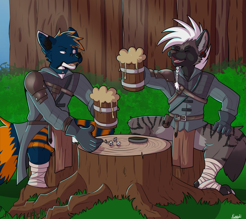 absurd_res armor beverage bottomwear braided_hair canid canine clothing container cup d4 d6 d8 dice duo flesh_tunnel fox hair hi_res hyena kingdraws loincloth male mammal mug outside tree_stump