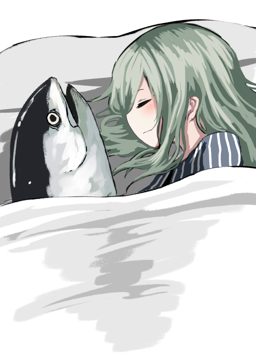 closed_eyes commentary_request female fish green_hair highres kamatama kuso_zako_choroin_nishiga_hachi long_hair lying on_side pajamas saiba_mirai sleeping under_covers