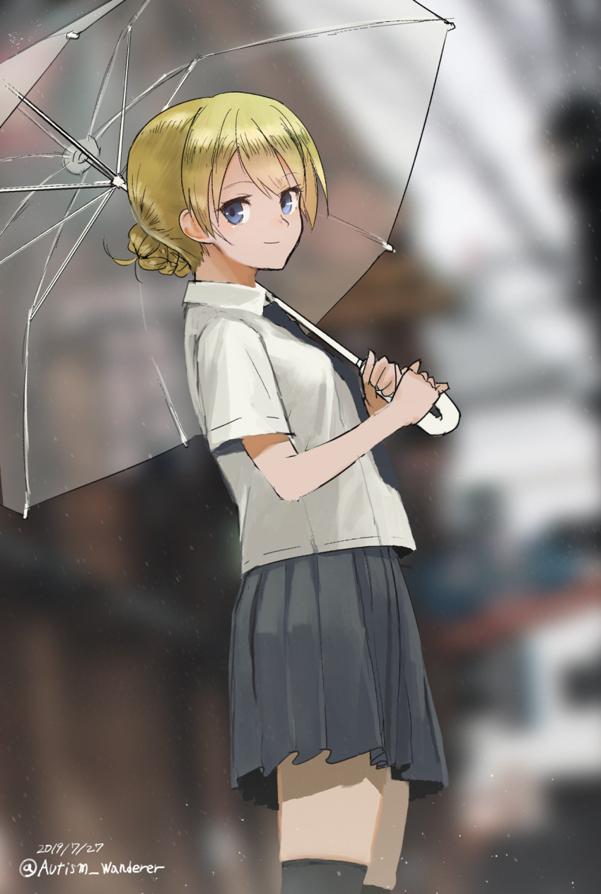 alternate_costume autism_wanderer bad_id bad_twitter_id black_necktie black_thighhighs blonde_hair blue_eyes blurry blurry_background braid closed_mouth commentary darjeeling_(girls_und_panzer) dated dress_shirt female from_side girls_und_panzer highres holding holding_umbrella light_particles looking_at_viewer miniskirt necktie one-hour_drawing_challenge pleated_skirt school_uniform shirt short_hair short_sleeves skirt smile solo standing thighhighs tied_hair transparent transparent_umbrella twitter_username umbrella white_shirt wing_collar