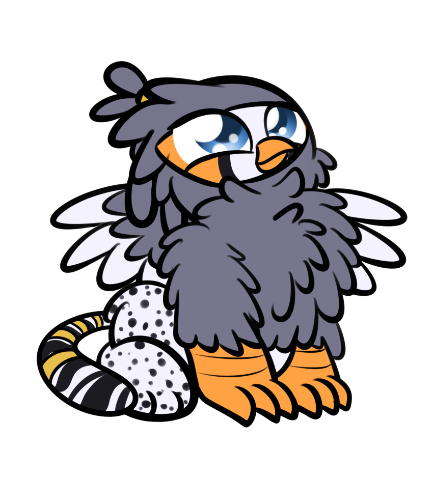 accessory alpha_channel avian avian_feet beak blue_eyes feathered_wings feathers feral furgonomics grey_body gryphon hair_accessory hair_tie hi_res male markings mythological_avian mythological_creature mythology orange_markings paws purpleflix ruzzy solo spots tail tail_accessory wings zebra_finch