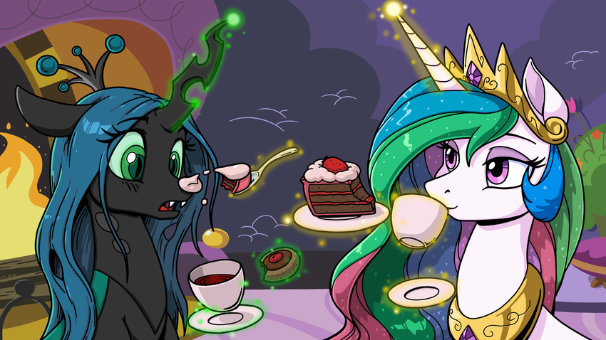 16:9 2015 arthropod beverage cake changeling container cup dessert drinking duo equid equine eyeshadow feathered_wings feathers female food friendship_is_magic glowing green_eyes hasbro hi_res horn latecustomer levitation magic makeup mammal my_little_pony mythological_creature mythological_equine mythology princess_celestia_(mlp) purple_eyes queen_chrysalis_(mlp) saucer sparkles tea tea_cup unicorn widescreen wings