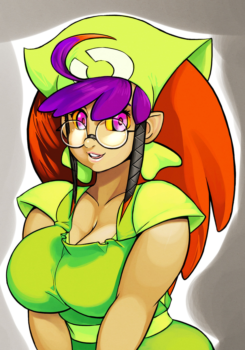 ahoge bandana breasts cleavage colored_sclera curvy elazuls-core female glasses gradient_hair highres huge_ahoge large_breasts lips long_hair multicolored_hair nose orange_hair parted_lips photoshop_(medium) pink_eyes pointy_ears pokemon pokemon_(game) pokemon_breeder_(pokemon) purple_hair round_eyewear smile solo tan v_arms yellow_sclera