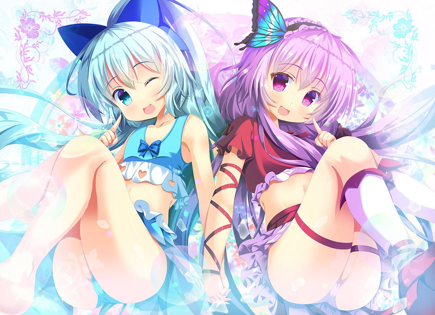 2girls ;d arm_ribbon ass barefoot blue_bow blue_eyes blue_hair blue_panties bow butterfly_hair_ornament commentary_request flower_knight_girl hair_ornament hairbow hanamomo_(flower_knight_girl) high_ponytail holding_hands kneehighs long_hair looking_at_viewer multiple_girls nerine_(flower_knight_girl) one_eye_closed open_mouth panties ponytail purple_eyes purple_hair red_footwear red_ribbon regress ribbon shoes skirt smile socks symmetry underwear upskirt white_legwear white_panties