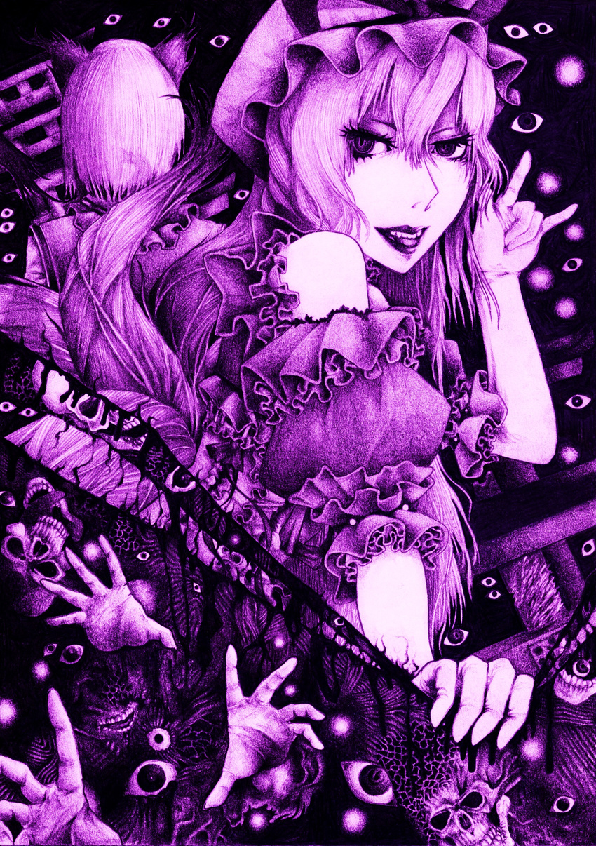 absurdres animal_ears chotto commentary_request eye_focus female gap_(touhou) hands hat hat_ribbon highres long_hair monochrome open_mouth purple_theme ribbon short_hair skull slit_pupils tail touhou yakumo_ran yakumo_yukari