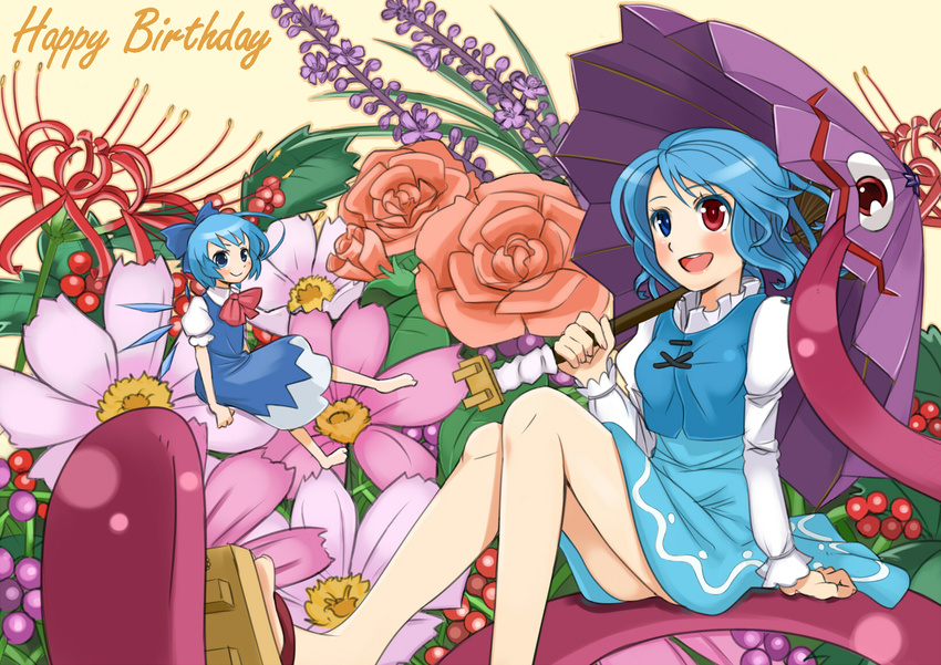 2girls blue_eyes blue_hair cirno commentary_request flower heterochromia highres karakasa_obake multiple_girls purple_umbrella sora-bozu tatara_kogasa tongue touhou umbrella