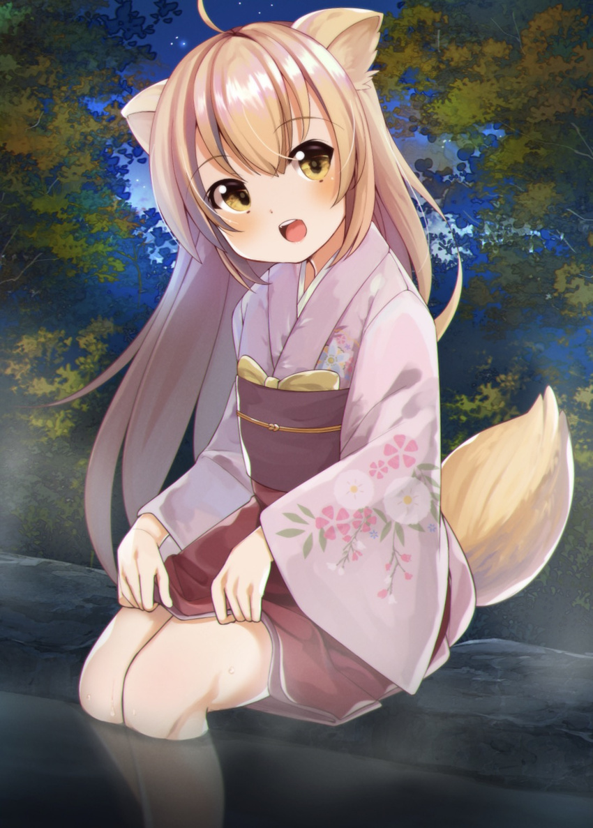 :d animal_ears apron blush commentary_request female floral_print fox_ears fox_girl fox_tail hair_between_eyes head_tilt highres japanese_clothes kimono konohana_kitan light_brown_hair long_hair long_sleeves looking_at_viewer night night_sky obi open_mouth outdoors pink_kimono print_kimono red_apron sakurachoco sash short_kimono sidelocks sitting sky smile soaking_feet solo star_(sky) starry_sky tail tree very_long_hair waist_apron water wide_sleeves yellow_eyes yuzu_(konohana_kitan)