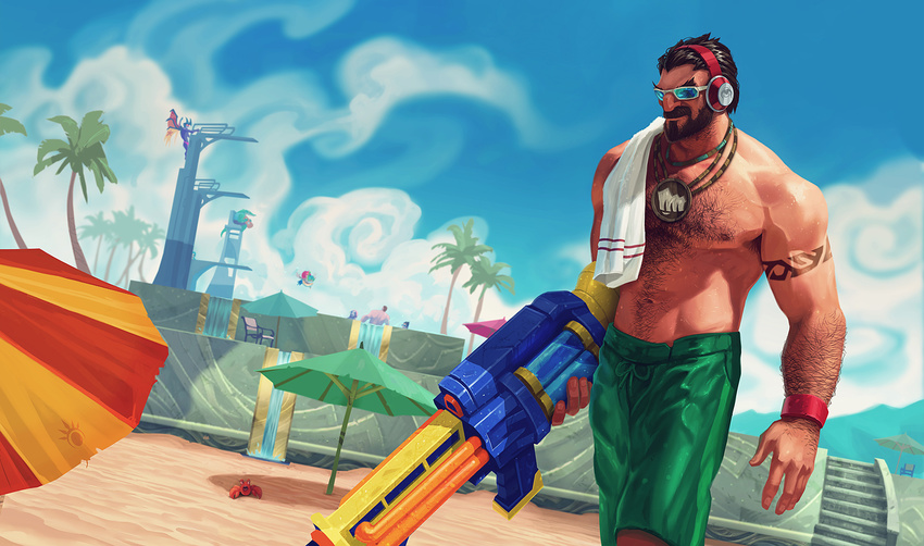 1boy aatrox arm_hair artist_request bad_link bara beach beach_umbrella beard black_hair blue_sky chest_hair cloud crab darius_(league_of_legends) day facial_hair garen_(league_of_legends) graves_(league_of_legends) headphones highres jewelry jinx_(league_of_legends) katarina_(league_of_legends) league_of_legends male_focus manly medallion moustache muscular muscular_male necklace official_art outdoors photoshop_(medium) pool_party_(league_of_legends) pool_party_graves pool_party_renekton pool_party_ziggs renekton shorts sky solo_focus summer sunglasses super_soaker thick_eyebrows topless_male towel towel_around_neck umbrella wrist_cuffs ziggs