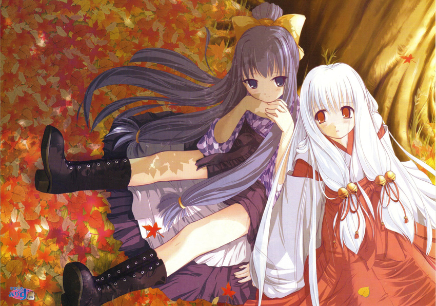 2girls arima_mizuki arima_yuzu autumn bell boots hair_bell hair_ornament hakama hakama_skirt highres japanese_clothes kimono leaf maple_leaf meiji_schoolgirl_uniform miko multiple_girls nimura_yuuji purple_hair red_hakama skirt texture tree tsuki_kagerou white_hair yagasuri