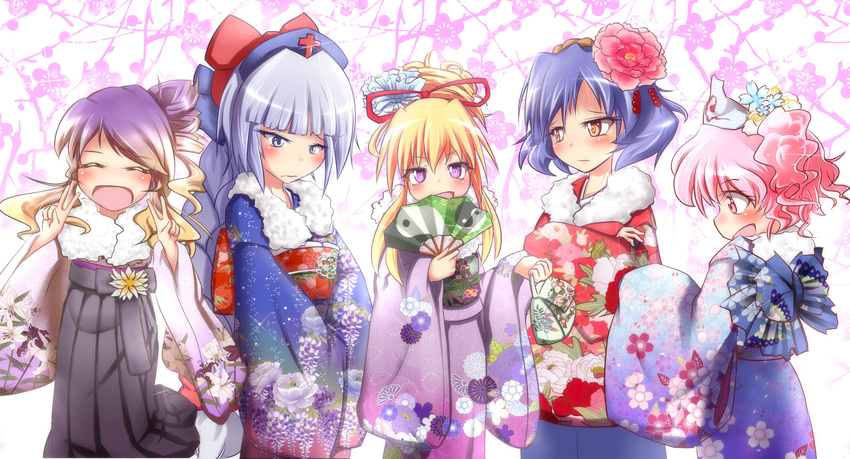 5girls back bag blonde_hair blue_eyes bontoro braid brown_hair closed_eyes commentary_request double_v flower folding_fan fur furisode gradient_hair grey_hair hair_flower hair_ornament hair_ribbon hakama hakama_skirt hand_fan hat highres hijiri_byakuren japanese_clothes kimono lips lipstick long_hair makeup multicolored_hair multiple_girls new_year nurse_cap obi open_mouth purple_eyes purple_hair ribbon saigyouji_yuyuko sash short_hair skirt smile touhou triangular_headpiece v wide_sleeves winter_clothes yagokoro_eirin yakumo_yukari yasaka_kanako yellow_eyes