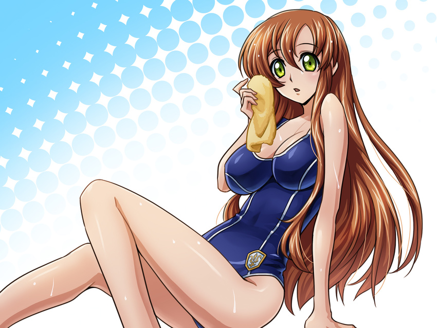 ashford_academy_swimsuit breasts brown_hair cleavage code_geass commentary_request feet_out_of_frame female green_eyes highres holding holding_towel large_breasts long_hair long_legs looking_at_viewer one-piece_swimsuit open_mouth school_swimsuit shirley_fenette sitting solo swimsuit towel wan89