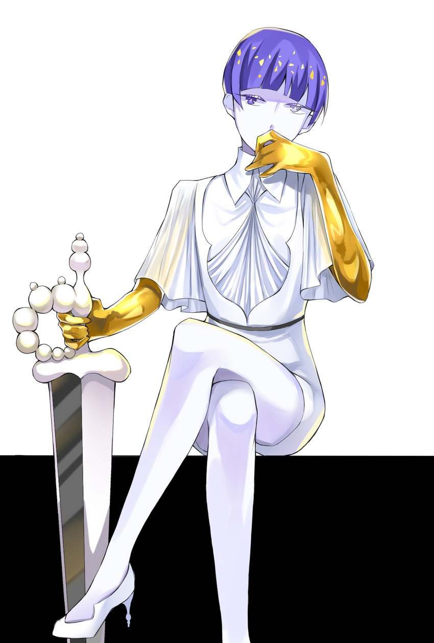 1other androgynous blue_eyes blue_hair commentary_request crossed_legs crystal_hair golden_arms highres houseki_no_kuni other_focus phosphophyllite phosphophyllite_(ll) short_hair solo spoilers sword weapon white_footwear yft000