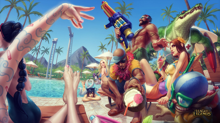 3boys 6+girls ahri_(league_of_legends) alternate_costume alvin_lee animal_ears arm_tattoo artistic_error ass back bald bare_shoulders barefoot beach_umbrella beard bendy_straw bikini black_hair blonde_hair blue_bikini blue_eyes blue_hair blue_nails blue_one-piece_swimsuit blue_sky braid brown_eyes brown_hair chair chest_hair cocktail cocktail_glass cocktail_umbrella coconut commentary copyright_name cross crossed_ankles cup day diving_board drink drinking drinking_glass drinking_straw eyewear_on_head facial_hair female_pov flip-flops flower fox_ears fox_tail fruit_cup full_body furry furry_male goatee goggles graves_(league_of_legends) grin hair_flower hair_ornament headphones helmet highres incoming_drink jinx_(league_of_legends) katie_de_sousa ladder league_of_legends leaning_forward lee_sin leona_(league_of_legends) life_vest lifeguard logo long_hair lounge_chair lux_(league_of_legends) male_swimwear manly morgana_(league_of_legends) moustache multicolored_clothes multicolored_swimsuit multiple_boys multiple_girls multiple_tails muscular nail_polish official_art one-piece_swimsuit outdoors outstretched_arm palm_tree pavement pink_nails pool pool_party_(league_of_legends) pool_party_graves pool_party_lee_sin pool_party_leona pool_party_renekton pool_party_ziggs poolside pov purple_hair red_cross red_eyes red_hair renekton sandals sarong sharp_teeth shirt single_braid sitting sky smile snorkel soaking_feet summer sunflower sunflower_hair_ornament sunglasses super_soaker swim_trunks swimming swimsuit tail tank_top tattoo teeth toenail_polish toenails topless_male tree umbrella vayne_(league_of_legends) visor_cap watch water_balloon watermark whistle wristwatch yellow_shirt yordle ziggs