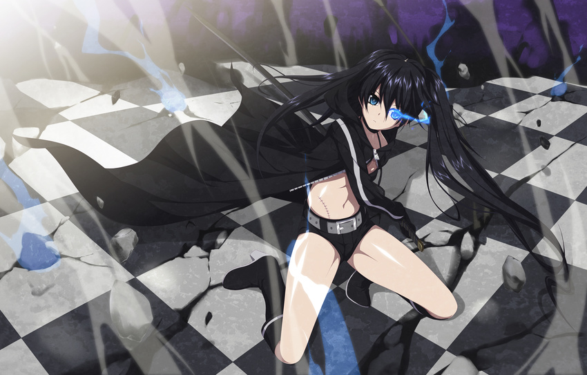 absurdres bikini bikini_top_only black_hair black_rock_shooter black_rock_shooter_(character) black_shorts blue_eyes boots coat commentary_request female flaming_eye highres horarezonu legs long_hair no_shirt scar shorts solo swimsuit sword twintails weapon zipper