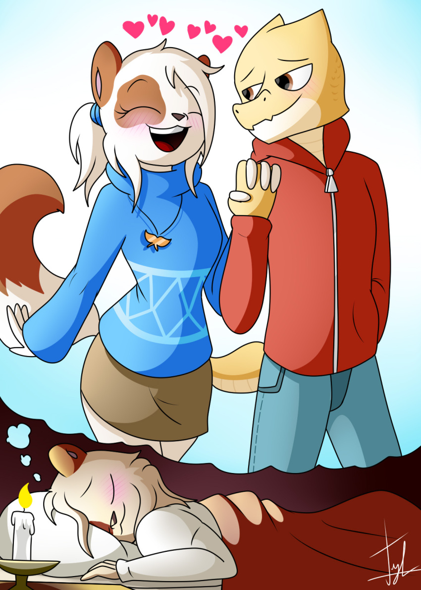 anthro blush candle daww domestic_ferret dream duo female hair hand_holding happy heart_symbol hi_res jewelry lechugansfw lizard love male male/female mammal maria_(lechugansfw) mike_(lechugansfw) mustelid musteline necklace reptile romantic romantic_couple scalie sleeping tied_hair true_musteline weasel