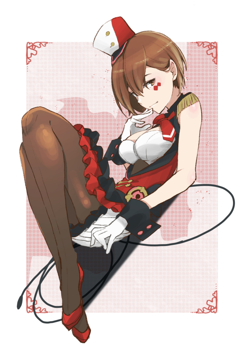 agonasubi black_skirt breasts brown_eyes brown_hair commentary diamond_(shape) dutch_angle facial_tattoo female framed_breasts frilled_skirt frills gloves hand_on_own_chin hat highres knees_up layered_skirt lion_tamer magical_mirai_(vocaloid) magical_mirai_meiko magical_mirai_meiko_(2019) medium_breasts meiko_(vocaloid) necktie pantyhose red_footwear red_necktie red_shirt shirt short_hair shoulder_blush skirt solo tassel tattoo vocaloid whip white_gloves wrist_cuffs