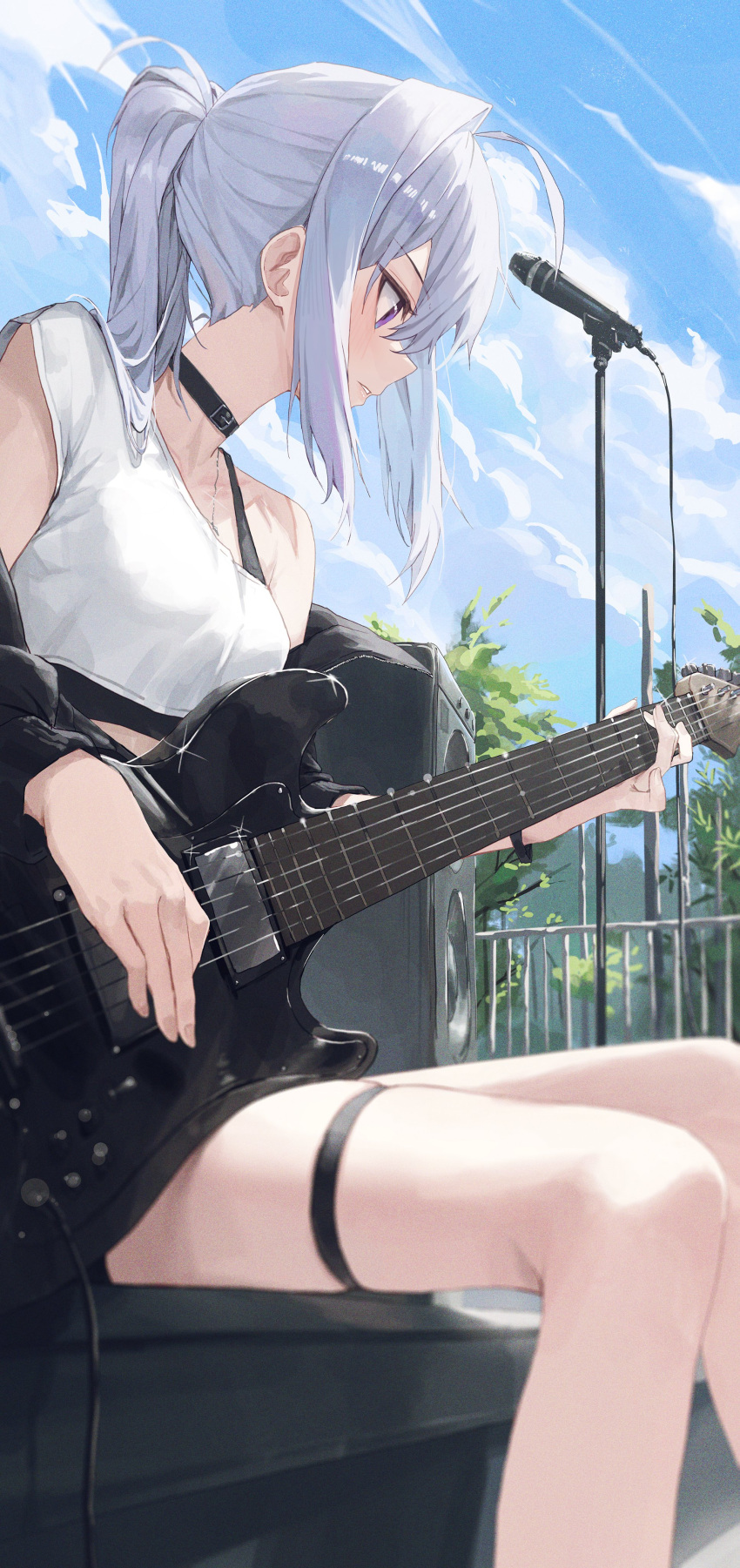 absurdres ahoge bare_legs bare_shoulders black_choker black_jacket black_shirt blurry breasts choker crop_top day depth_of_field electric_guitar female from_side guitar highres huhi_(huhi_1211) ine_(vtuber) instrument jacket long_hair looking_down microphone_stand music off_shoulder outdoors parted_lips playing_instrument ponytail profile purple_eyes shirt short_sleeves sidelocks single_sleeve sitting skindentation small_breasts solo speaker thigh_strap thighs undershirt virtual_youtuber waktaverse white_hair white_shirt