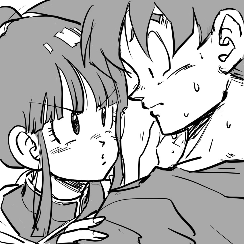 1boy chi-chi_(dragon_ball) chinese_clothes close-up commentary_request couple dragon_ball dragon_ball_z eye_contact eyelashes female fingernails frown greyscale hair_bun hand_on_another's_cheek hand_on_another's_face hand_on_another's_shoulder height_difference highres husband_and_wife looking_at_another looking_down monochrome nervous parted_lips profile simple_background single_hair_bun son_goku spiked_hair straight sweat sweatdrop tkgsize upper_body v-shaped_eyebrows white_background