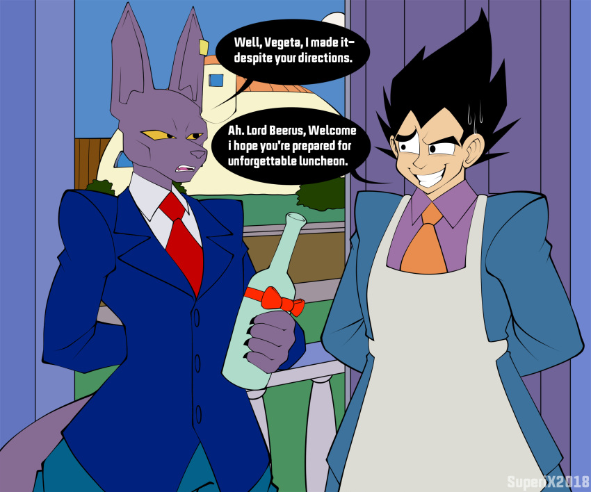 2018 anthro apron artist_name beerus black_hair bodily_fluids bow_ribbon building clothing cosplay crossover crossover_cosplay detailed_background dialogue digital_media_(artwork) domestic_cat door doorway dot_eyes dragon_ball dragon_ball_super dragon_ball_z duo ear_piercing english_text felid feline felis gary_chalmers grass hair hairless hairless_cat hands_behind_back hi_res house male mammal meme necktie open_door piercing plant purple_body purple_skin railing saiyan seymour_skinner shrub simple_eyes smile speech_bubble sphynx_(cat) standing steamed_hams street suit superix sweat tan_body tan_skin teeth text the_simpsons tongue vegeta wine_bottle yellow_sclera