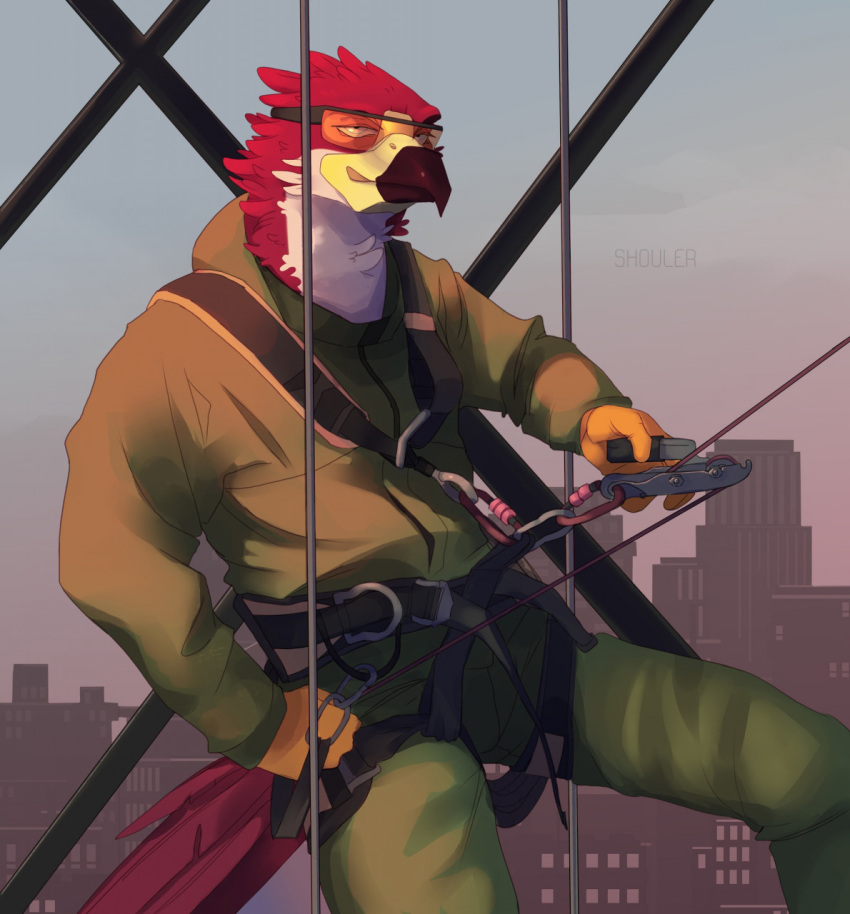 accipitrid accipitriform anthro avian beak bird buteo chickenhawk city cityscape clothed clothing eyewear feathers gloves goggles goggles_on_face handwear hi_res jumpsuit kamaro male red-tailed_hawk rope shouler_shurka sky smile solo tail tail_feathers visor