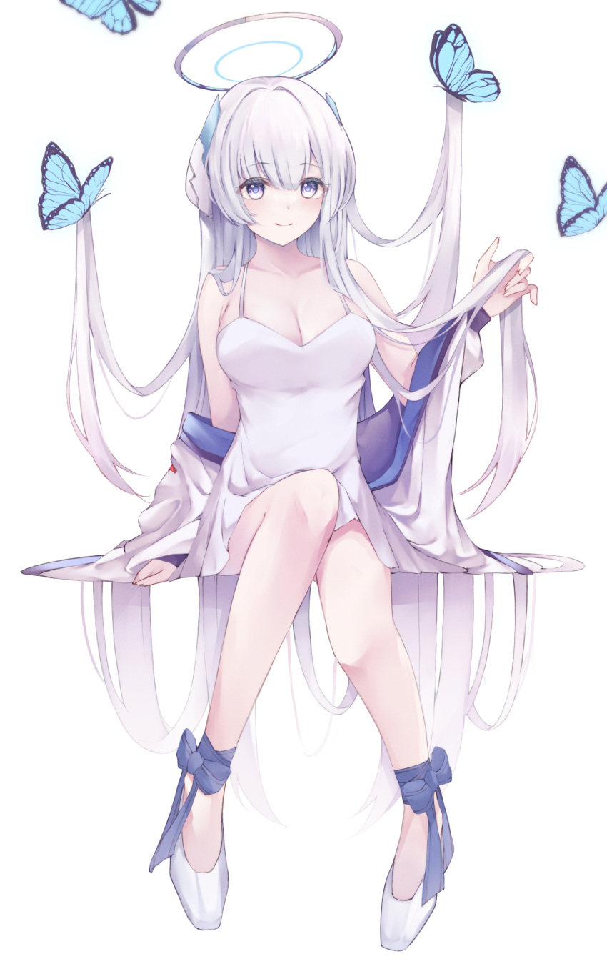 alternate_costume animal bad_id bad_pixiv_id bare_shoulders blue_archive blue_butterfly breasts bug butterfly cleavage closed_mouth collarbone dress female floating_hair full_body hair_between_eyes hair_lift hair_spread_out halo hand_in_own_hair high_heels highres hojiro_same holding holding_another's_hair holding_own_hair long_hair long_sleeves mechanical_halo noa_(blue_archive) off_shoulder shoes sitting smile solo very_long_hair white_background white_dress