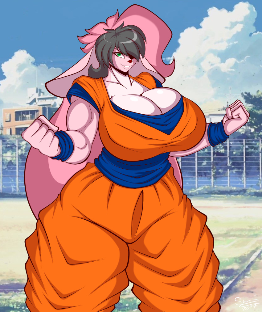 2017 absurd_res anthro biceps big_breasts black_hair breasts cleavage cleavage_overflow clothed clothing curvy_figure detailed_background digital_media_(artwork) dragon_ball dragon_ball_z eyelashes female fingers fur green_eyes hair hi_res hourglass_figure huge_breasts keikogi lagomorph leporid long_hair looking_at_viewer mammal martial_arts_uniform multicolored_body multicolored_fur multicolored_hair muscular muscular_anthro muscular_female one_eye_obstructed outside pink_body pink_fur pink_hair rabbit rascals reiko_usagi signature smile solo sportswear standing superix teeth thick_thighs two_tone_body two_tone_fur two_tone_hair voluptuous white_body white_fur wide_hips